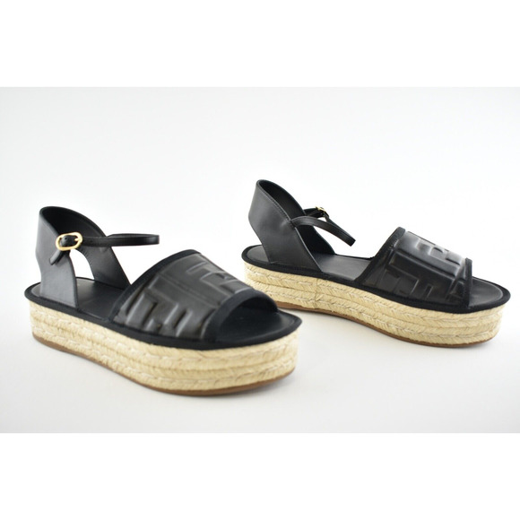 Fendi Black Leather Logo Slide Flat Ankle Strap Platform Espadrille Sandal 36.5 - Picture 4 of 11